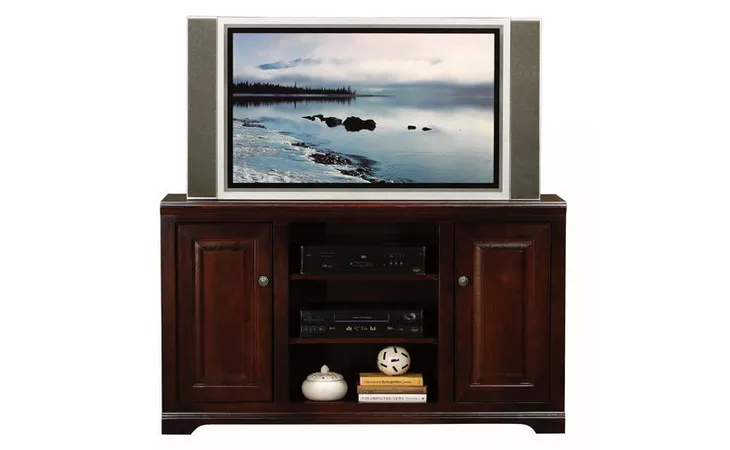 95557  55 ENTERTAINMENT CONSOLE, 2 ADJUSTABLE WOOD SHELVES, 2 RAISED PANEL DOORS, 2 FIXED WOOD SHELVES, DECORATIVE MOLDING, PLAIN BASE*GLASS*NG*FINSISH*CC, CM, CO, CR, EC, GO, HG, IV, UN