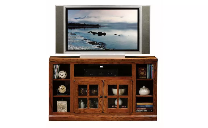 67557 55 ENTERTAINMENT CONSOLE, 2 PLAIN GLASS DOORS, 1 ADJUSTABLE WOOD SHELF, 4 FIXED WOOD SHELVES, PLAIN BASE*GLASS*PL*FINSISH*BD, CC, DK, LT, MD, SO, UN, CR, CM EAGLE  67557