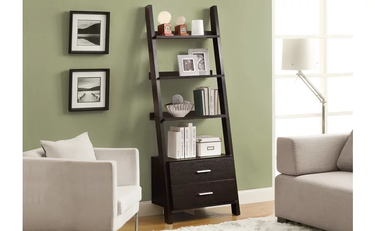 I2542  BOOKCASE - 69 H - ESPRESSO LADDER W- 2 STORAGE DRAWERS