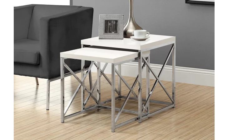I3025 NESTING TABLE - 2PCS SET / GLOSSY WHITE / CHROME METAL MONARCH SPECIALTIES  I3025
