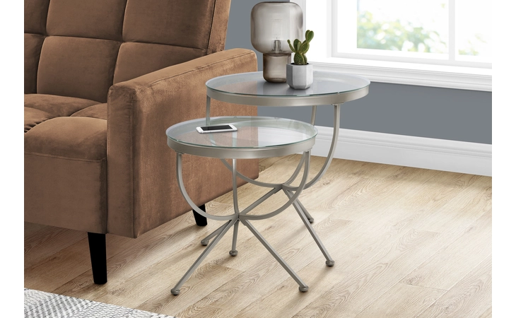 I3322  NESTING TABLE - 2PCS SET / SILVER WITH TEMPERED GLASS