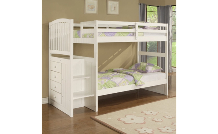 929-037  ANGELICA WHITE ARCH SPINDLE CHEST END STEP TWIN TWIN BUNK BED (SHIPS IN 4 CARTONS)
