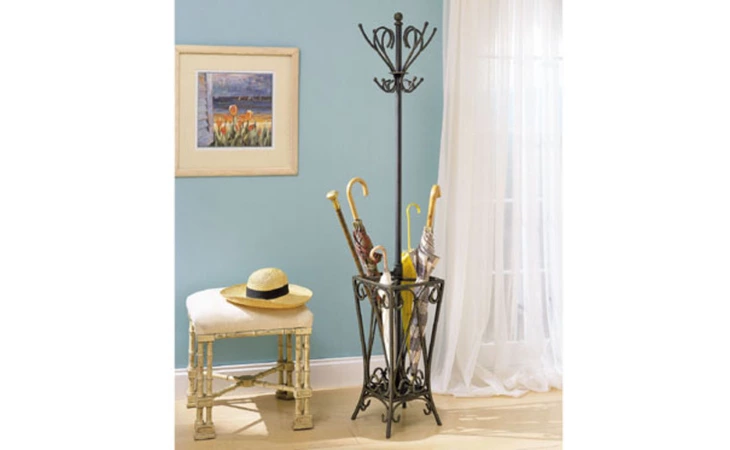 935-384  GARDEN DISTRICT MATTE BLACK WITH GOLD COAT RACK WITH UMBRELLA STAND