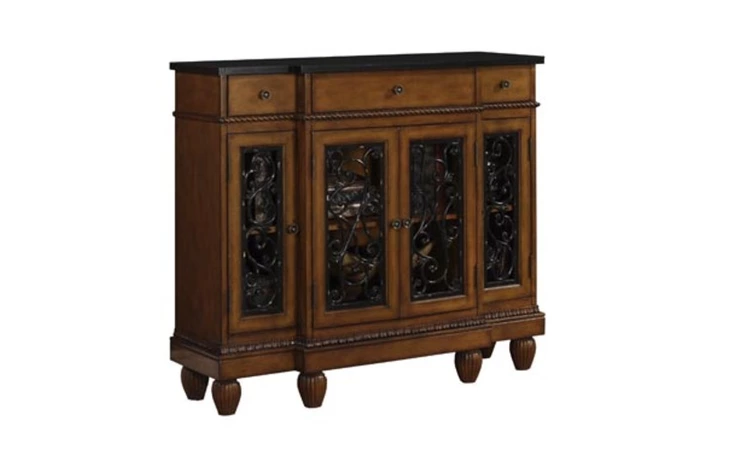 943-225  MAHOGANY 3-DRAWER, 4-DOOR CONSOLE WITH FAUX METAL SCROLLWORK