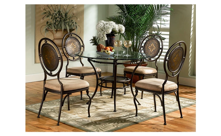 364-410M2  5-PC. BASIL DINING SET: 364-410 TABLE PEDESTAL + GC2 48 DIA. GLASS TOP + (4) 364-434 CHAIRS