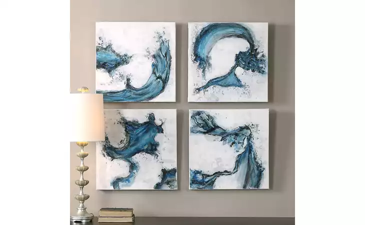 35324  SWIRLS IN BLUE HAND PAINTED CANVASES, S/4