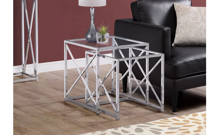 I3441 NESTING TABLE - 2PCS SET / CHROME METAL W/ TEMPERED GLASS MONARCH SPECIALTIES  I3441