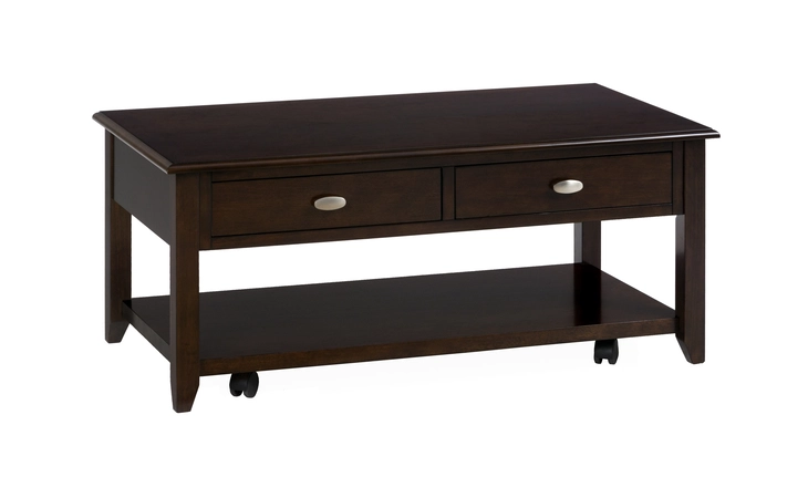 MERLOT FINISH COFFEE TABLE W/2 PULL-THRU DRAWERS, SHELF -  CASTERED MERLOT FINISH JOFRAN  1030-1