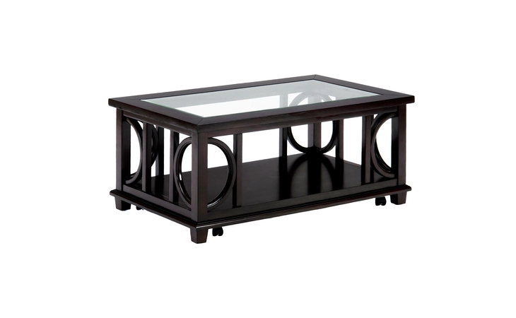 966-1 PANAMA BROWN FINISH RECTANGLE COFFEE TABLE W/SHELF - CASTERED PANAMA BROWN FINISH