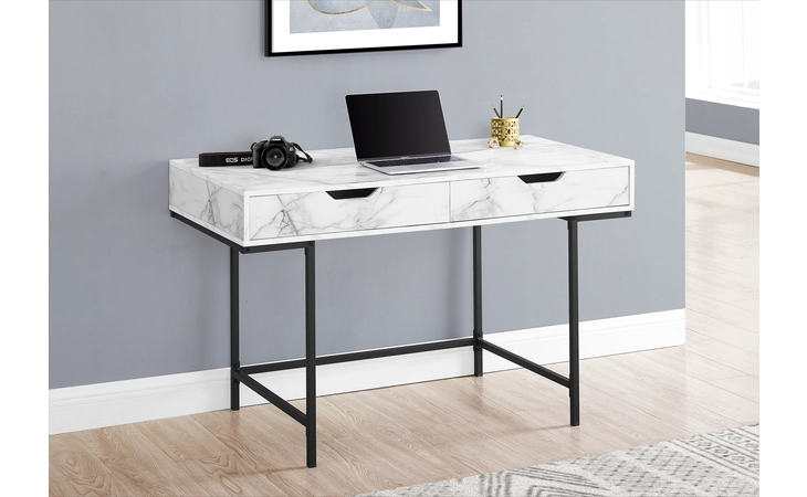 I7558 COMPUTER DESK - 48 L - WHITE MARBLE-LOOK - BLACK METAL MONARCH SPECIALTIES  I7558