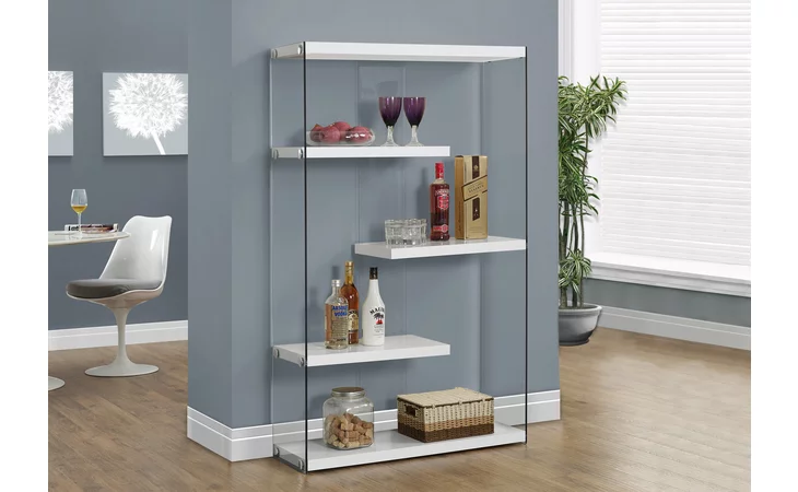 I3290  BOOKCASE - 60 H - GLOSSY WHITE WITH TEMPERED GLASS