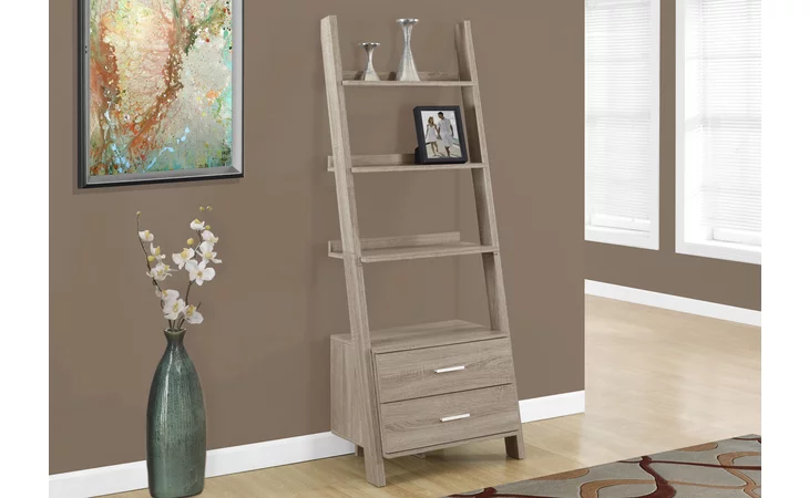 I2538  BOOKCASE - 69 H - DARK TAUPE LADDER W- 2 STORAGE DRAWERS