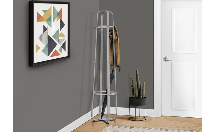 I2054  COAT RACK - 72 H - SILVER METAL WITH AN UMBRELLA HOLDER
