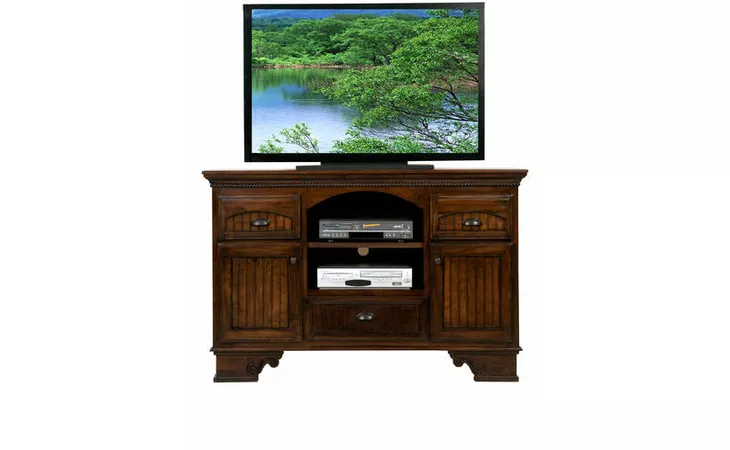 16057  58 ENTERTAINMENT CONSOLE, 3 DRAWERS, 2 DOORS, 1 FIXED SHELF, 2 ADJUSTABLE SHELVES, CROWN MOLDING, ROPE MOLDING, BEAD BOARD DETAILING, S-BASE*GLASS*NG*FINSISH*BK, CC, CO, CM, CR, EC, GO, HG, IV, SW, UN, WH