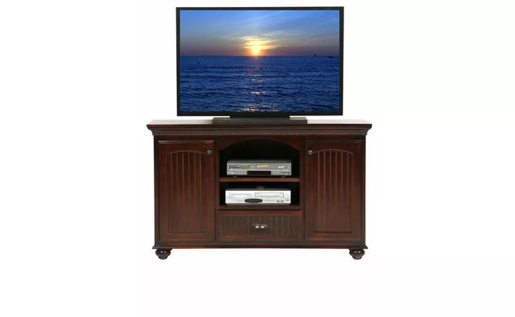 16156  58 ENTERTAINMENT CONSOLE, 1 FIXED SHELF, 1 DRAWER, 2 BEAD BOARD DOORS, 2 ADJUSTABLE WOOD SHELVES, CROWN MOLDING, ROPE MOLDING, BUN FOOT BASE*GLASS*NG*FINSISH*BK, CC, CO, CM, CR, EC, GO, HG, IV, SW, UN, WH