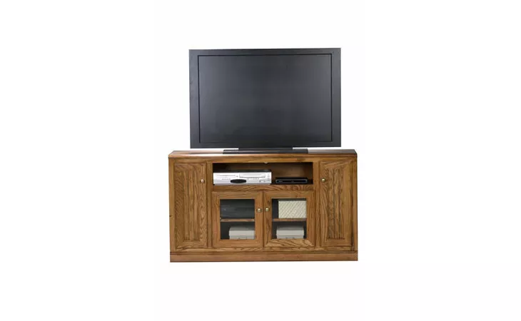 47555  55 ENTERTAINMENT CONSOLE, 2 PLAIN GLASS DOORS, 1 FIXED WOOD SHELF, 2 BEAD BOARD DOORS, 2 FIXED WOOD SHELVES, DECORATIVE MOLDING, PLAIN BASE*GLASS*PL*FINSISH*CC, DK, LT, MD, SO, UN, CR, CM