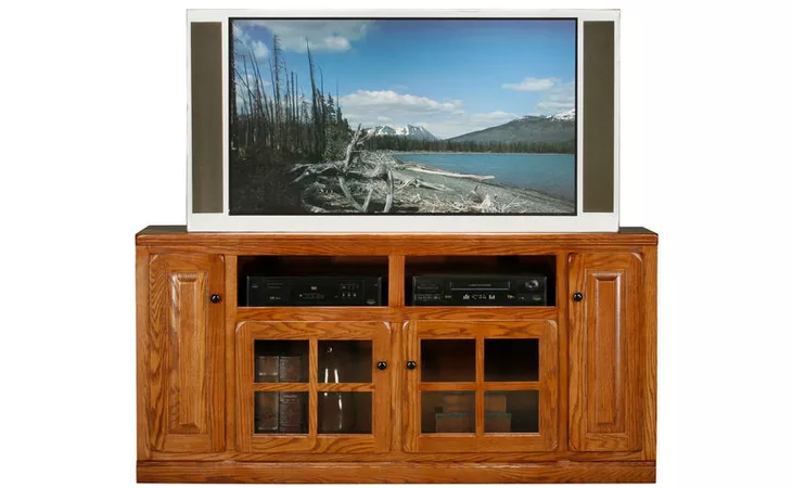 67548 66 ENTERTAINMENT CONSOLE, 2 PLAIN GLASS DOORS, 2 RAISED PANEL DOORS, 2 FIXED WOOD SHELVES, PLAIN BASE*GLASS*PL*FINSISH*BD, CC, DK, LT, MD, SO, UN, CR, CM EAGLE  67548