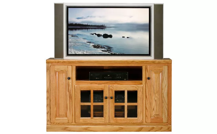 67555  55 ENTERTAINMENT CONSOLE, 2 PLAIN GLASS DOORS, 1 ADJUSTABLE WOOD SHELF, 2 RAISED PANEL DOORS, 2 FIXED WOOD SHELVES, PLAIN BASE*GLASS*PL*FINSISH*BD, CC, DK, LT, MD, SO, UN, CR, CM