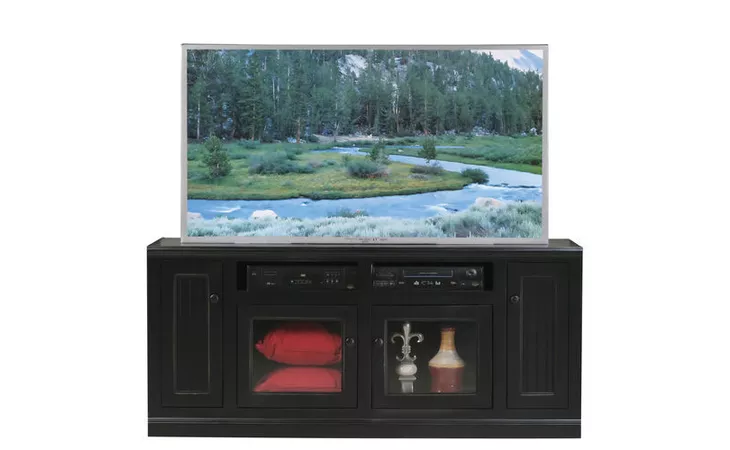 72548 66 ENTERTAINMENT CONSOLE, 2 PLAIN GLASS DOORS, 2 BEAD BOARD DOORS, 2 FIXED WOOD SHELVES, PLAIN BASE*GLASS*PL*FINSISH*BK, SW, WH EAGLE  72548