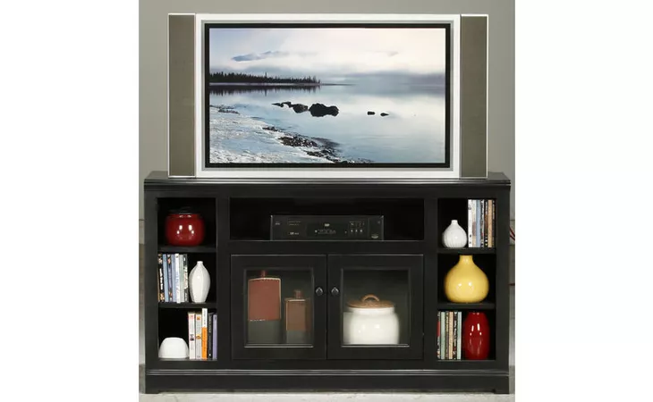 72551 55 ENTERTAINMENT CONSOLE WITH BOOKCASE SIDES, 2 PLAIN GLASS DOORS, 1 ADJUSTABLE SHELF, 4 FIXED WOOD SHELVES, PLAIN BASE*GLASS*PL*FINSISH*BK, SW, WH EAGLE  72551