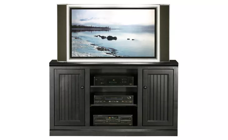 72557  55 ENTERTAINMENT CONSOLE, 2 ADJUSTABLE WOOD SHELVES, 2 BEAD BOARD DOORS, 2 FIXED SHELVES, PLAIN BASE*GLASS*NG*FINSISH*BK, SW, WH