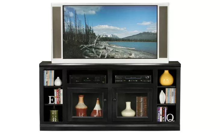 72565 66 ENTERTAINMENT CONSOLE WITH BOOKCASE SIDES, 2 PLAIN GLASS DOORS, 4 FIXED WOOD SHELVES, PLAIN BASE*GLASS*PL*FINSISH*BK, SW, WH EAGLE  72565