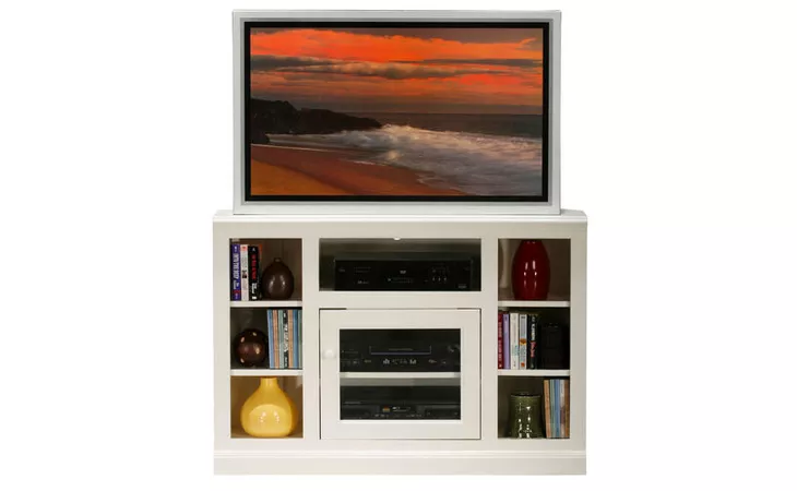 72746  45 CORNER ENTERTAINMENT CONSOLE WITH BOOKCASE SIDES, (CORNER OUT 32 1 4), 1 PLAIN GLASS DOOR, 5 FIXED WOOD SHELVES, PLAIN BASE*GLASS*PL*FINSISH*BK, SW, WH