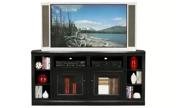 72765 66 CORNER ENTERTAINMENT CONSOLE WITH BOOKCASE SIDES, (CORNER OUT 46 3 4), 2 PLAIN GLASS DOORS, 4 FIXED WOOD SHELVES, PLAIN BASE*GLASS*PL*FINSISH*BK, SW, WH EAGLE  72765