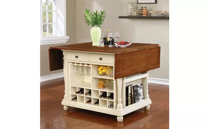 102271  SLATER 2-DRAWER KITCHEN ISLAND WITH DROP LEAVES BROWN AND BUTTERMILK