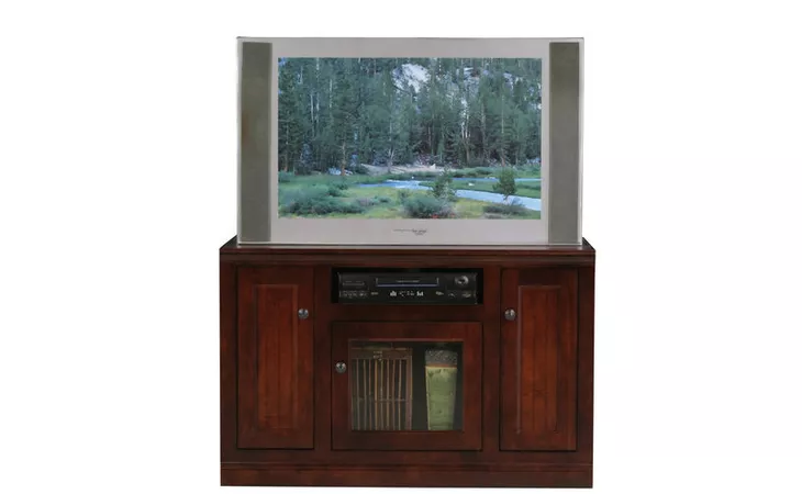 75545 45 ENTERTAINMENT CONSOLE, 1 PLAIN GLASS DOOR, 2 BEAD BOARD DOORS, 2 FIXED WOOD SHELVES, PLAIN BASE*GLASS*PL*FINSISH*CC, CM, CO, CR, EC, GO, HG, IV, UN EAGLE  75545