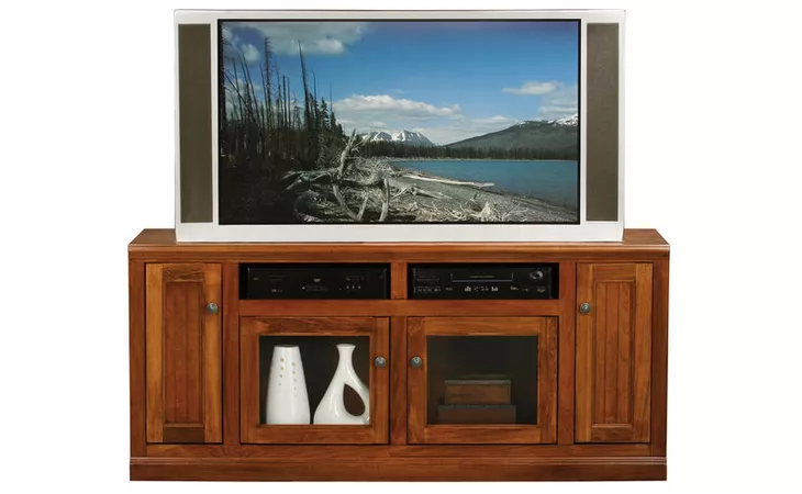 75548 66 ENTERTAINMENT CONSOLE, 2 PLAIN GLASS DOORS, 2 BEAD BOARD DOORS, 2 FIXED WOOD SHELVES, PLAIN BASE*GLASS*PL*FINSISH*CC, CM, CO, CR, EC, GO, HG, IV, UN EAGLE  75548