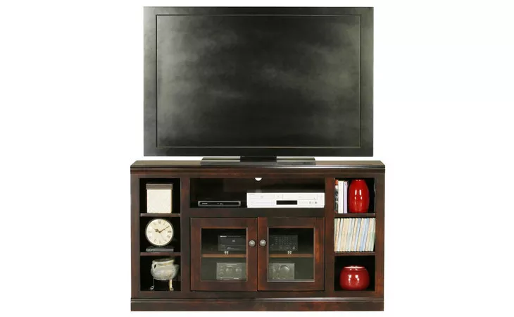 75551 55 ENTERTAINMENT CONSOLE WITH BOOKCASE SIDES, 2 PLAIN GLASS DOORS, 1 ADJUSTABLE SHELF, 4 FIXED WOOD SHELVES, PLAIN BASE*GLASS*PL*FINSISH*CC, CM, CO, CR, EC, GO, HG, IV, UN EAGLE  75551