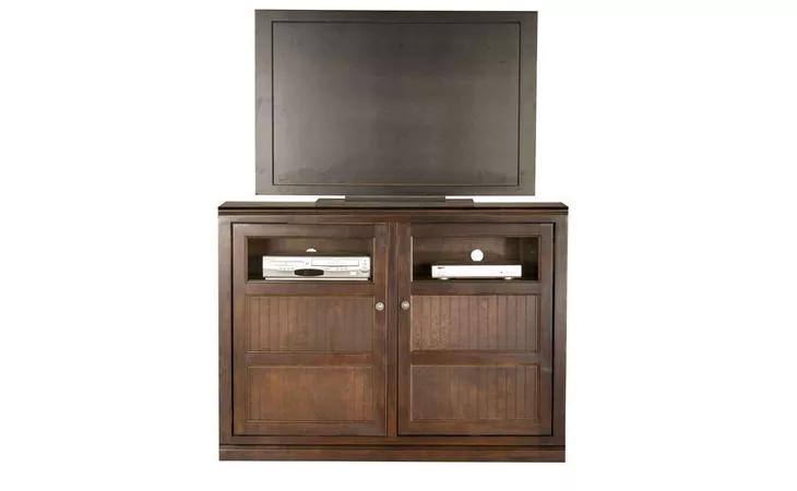 75552 TALL 55 ENTERTAINMENT CONSOLE, 2 BEAD BOARD DOORS WITH GLASS IN TOP PANELS, 2 FIXED WOOD SHELVES, 4 ADJUSTABLE WOOD SHELVES, PLAIN BASE*GLASS*PL*FINSISH*CC, CM, CO, CR, EC, GO, HG, IV, UN EAGLE  75552