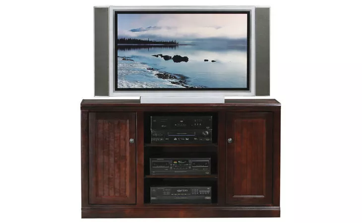 75557 55 ENTERTAINMENT CONSOLE, 2 ADJUSTABLE WOOD SHELVES, 2 BEAD BOARD DOORS, 2 FIXED SHELVES, PLAIN BASE*GLASS*NG*FINSISH*CC, CM, CO, CR, EC, GO, HG, IV, UN EAGLE  75557