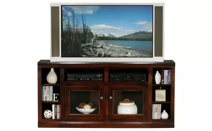 75565 66 ENTERTAINMENT CONSOLE WITH BOOKCASE SIDES, 2 PLAIN GLASS DOORS, 4 FIXED WOOD SHELVES, PLAIN BASE*GLASS*PL*FINSISH*CC, CM, CO, CR, EC, GO, HG, IV, UN EAGLE  75565