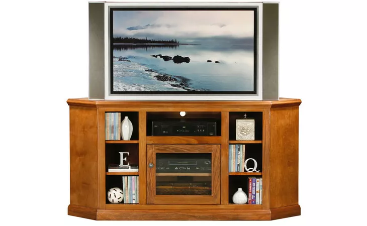 75745  62 CORNER ENTERTAINMENT CONSOLE WITH BOOKCASE SIDES, (CORNER OUT 44 1 4), 1 PLAIN GLASS DOOR, 5 FIXED WOOD SHELVES, PLAIN BASE*GLASS*PL*FINSISH*CC, CM, CO, CR, EC, GO, HG, IV, UN