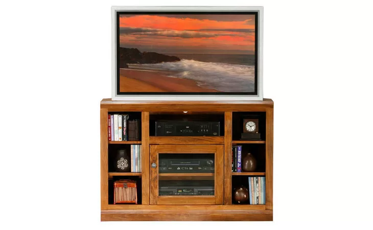 75746  45 CORNER ENTERTAINMENT CONSOLE WITH BOOKCASE SIDES, (CORNER OUT 32 1 4), 1 PLAIN GLASS DOOR, 5 FIXED WOOD SHELVES, PLAIN BASE*GLASS*PL*FINSISH*CC, CM, CO, CR, EC, GO, HG, IV, UN