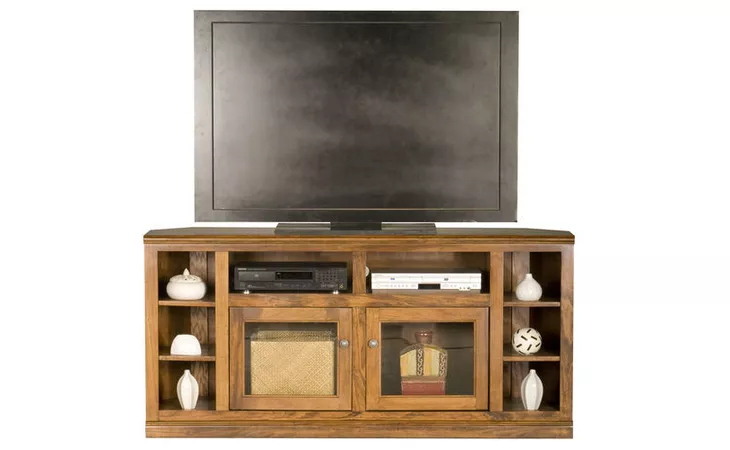 75765  66 CORNER ENTERTAINMENT CONSOLE WITH BOOKCASE SIDES, (CORNER OUT 46 3 4), 2 PLAIN GLASS DOORS, 4 FIXED WOOD SHELVES, PLAIN BASE*GLASS*PL*FINSISH*CC, CM, CO, CR, EC, GO, HG, IV, UN