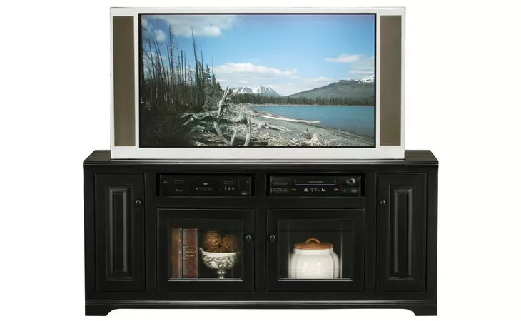 92548 66 ENTERTAINMENT CONSOLE, 2 V-GROOVE GLASS DOORS, 2 RAISED PANEL DOORS, 2 FIXED WOOD SHELVES, DECORATIVE MOLDING, PLAIN BASE*GLASS*VG*FINSISH*BK, SW, WH EAGLE  92548