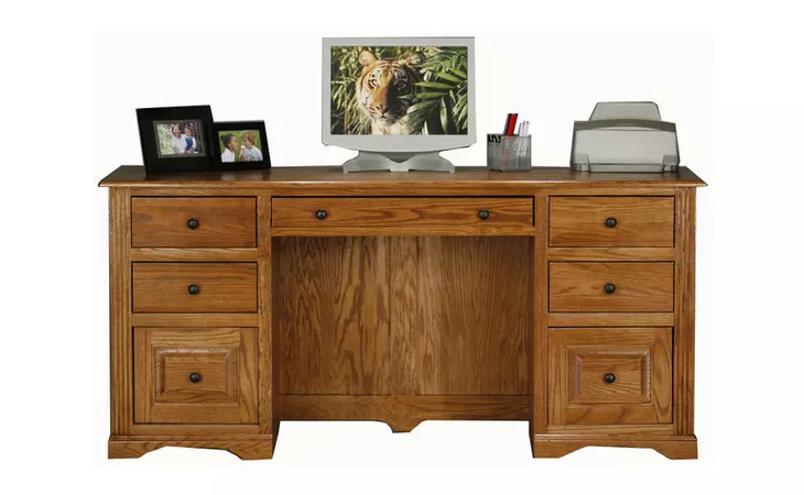 93207 DOUBLE-PEDESTAL DESK, 1 KEYBOARD PENCIL DRAWER COMBO, 4 LETTER DRAWERS, 2 RAISED PANEL FILE DRAWERS, FINISHED BACK, DECORATIVE MOLDING, PLAIN BASE*GLASS*NG*FINSISH*CC, DK, LT, MD, SO, UN, CR, CM EAGLE  93207