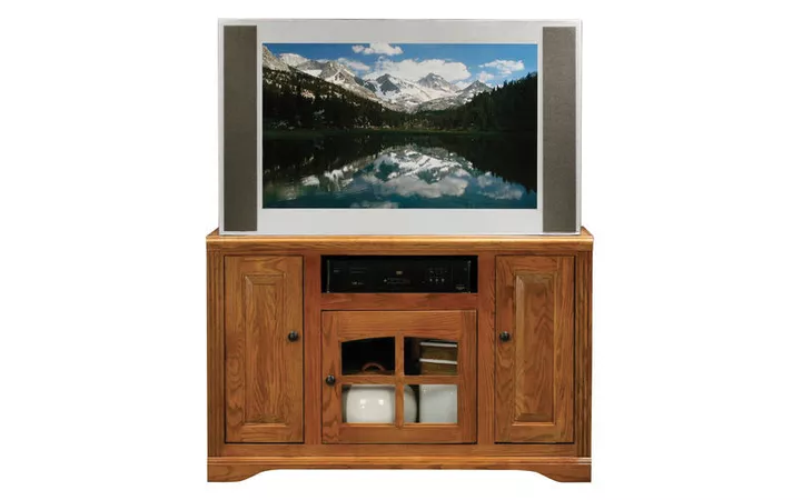 93545  45 ENTERTAINMENT CONSOLE, 1 PLAIN GLASS DOOR, 2 RAISED PANEL DOORS, 2 FIXED WOOD SHELVES, DECORATIVE MOLDING, PLAIN BASE*GLASS*PL*FINSISH*CC, DK, LT, MD, SO, UN, CR, CM