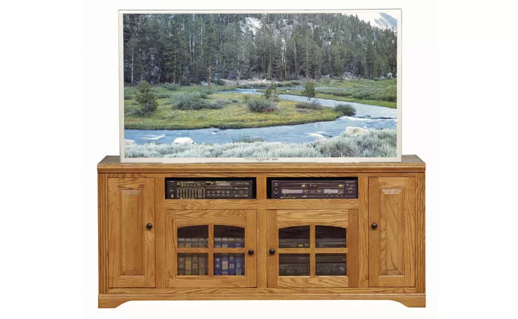 93548 66 ENTERTAINMENT CONSOLE, 2 PLAIN GLASS DOORS, 2 RAISED PANEL DOORS, 2 FIXED WOOD SHELVES, DECORATIVE MOLDING, PLAIN BASE*GLASS*PL*FINSISH*CC, DK, LT, MD, SO, UN, CR, CM EAGLE  93548