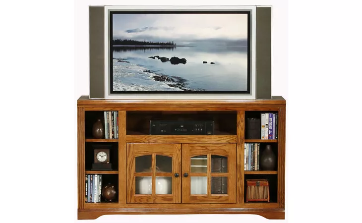 93551 55 ENTERTAINMENT CONSOLE WITH BOOKCASE SIDES, 2 PLAIN GLASS DOORS, 1 ADJUSTABLE WOOD SHELF, 4 FIXED WOOD SHELVES, DECORATIVE MOLDING, PLAIN BASE*GLASS*PL*FINSISH*CC, DK, LT, MD, SO, UN, CR, CM EAGLE  93551
