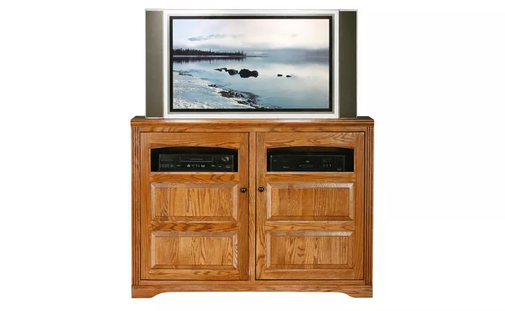 93552  TALL 55 ENTERTAINMENT CONSOLE, 2 RAISED PANEL DOORS WITH PLAIN GLASS IN TOP PANEL, 2 FIXED WOOD SHELVES, 4 ADJUSTABLE WOOD SHELVES, DECORATIVE MOLDING, PLAIN BASE*GLASS*PL*FINSISH*CC, DK, LT, MD, SO, UN, CR, CM