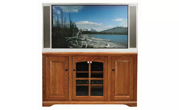 93555  55 ENTERTAINMENT CONSOLE, 1 PLAIN GLASS DOOR, 2 ADJUSTABLE WOOD SHELVES, 2 RAISED PANEL DOORS, 2 FIXED WOOD SHELVES, DECORATIVE MOLDING, PLAIN BASE*GLASS*PL*FINSISH*CC, DK, LT, MD, SO, UN, CR, CM EAGLE  93555