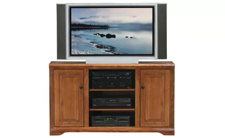 93557  55 ENTERTAINMENT CONSOLE, 2 ADJUSTABLE WOOD SHELVES, 2 RAISED PANEL DOORS, 2 FIXED WOOD SHELVES, DECORATIVE MOLDING, PLAIN BASE*GLASS*NG*FINSISH*CC, DK, LT, MD, SO, UN, CR, CM