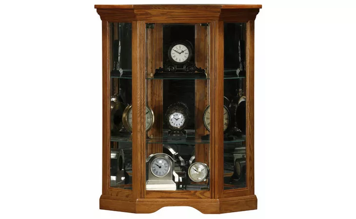 93728 LIGHTED CORNER CONSOLE CURIO, (CORNER OUT 21 1 2), 1 MAGNETIC TOUCH-LATCH DOOR, 2 ADJUSTABLE GLASS SHELVES, MIRROR BACK, MIRROR BOTTOM, DECORATIVE MOLDING, PLAIN BASE*GLASS*PL*FINSISH*CC, DK, LT, MD, SO, UN, CR, CM EAGLE  93728