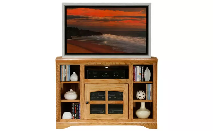 93746 45 CORNER ENTERTAINMENT CONSOLE, (CORNER OUT 32), 1 PLAIN GLASS DOOR, 5 FIXED WOOD SHELVES, DECORATIVE MOLDING, PLAIN BASE*GLASS*PL*FINSISH*CC, DK, LT, MD, SO, UN, CR, CM EAGLE  93746