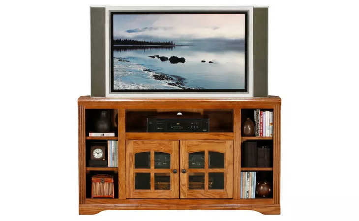 93757 55 CORNER ENTERTAINMENT CONSOLE, (CORNER OUT 39), 2 PLAIN GLASS DOORS, 1 ADJUSTABLE WOOD SHELF, 4 FIXED WOOD SHELVES, DECORATIVE MOLDING, PLAIN BASE*GLASS*PL*FINSISH*CC, DK, LT, MD, SO, UN, CR, CM EAGLE  93757