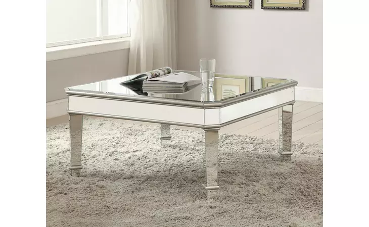 703938 CASSANDRA SQUARE BEVELED TOP COFFEE TABLE SILVER COASTER  703938